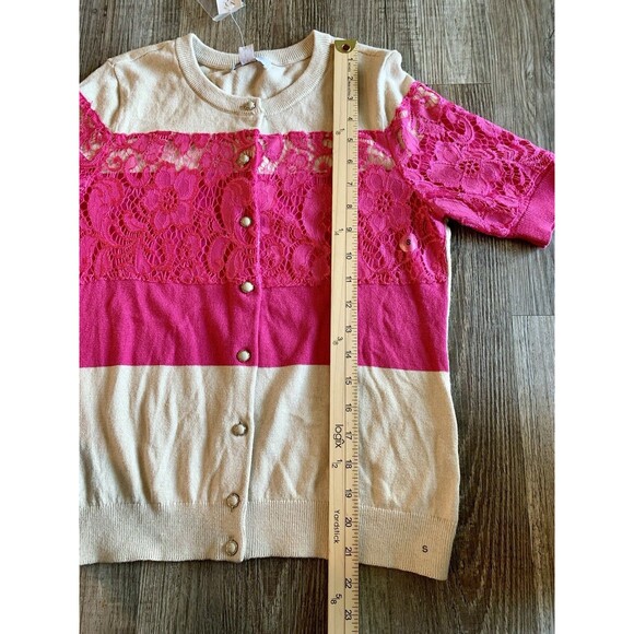 New York & Company Lace Pink Tan Short Sleeve Button Up Cardigan Size Small New - Picture 7 of 9